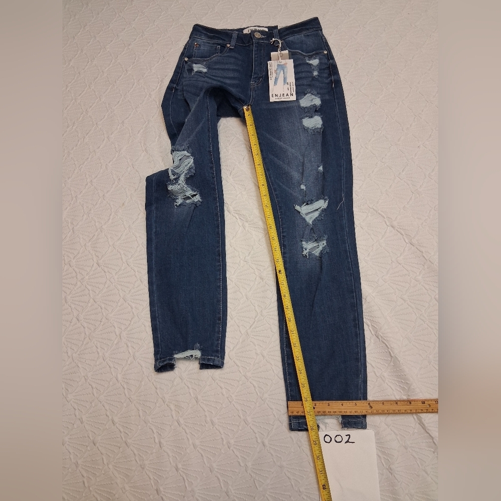 ENJEAN NEW Jeans Size 3 Women's Skinny Distressed Jeans - Medium Blue - Picture 13 of 16
